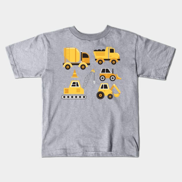 Construction Trucks on Gray Kids T-Shirt by latheandquill